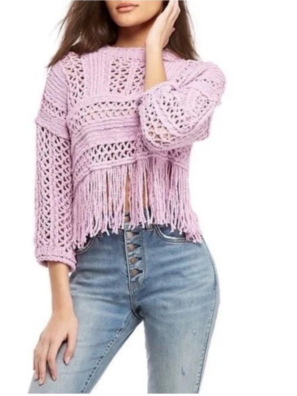 Free People Lilac Open-Knit Fringe Cropped Sweater - Women